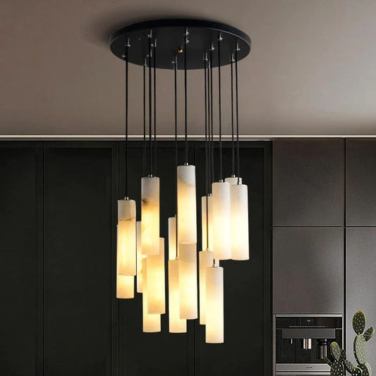 Alabaster Modern Cylindrical Round Chandelier - Ginkgo Petal